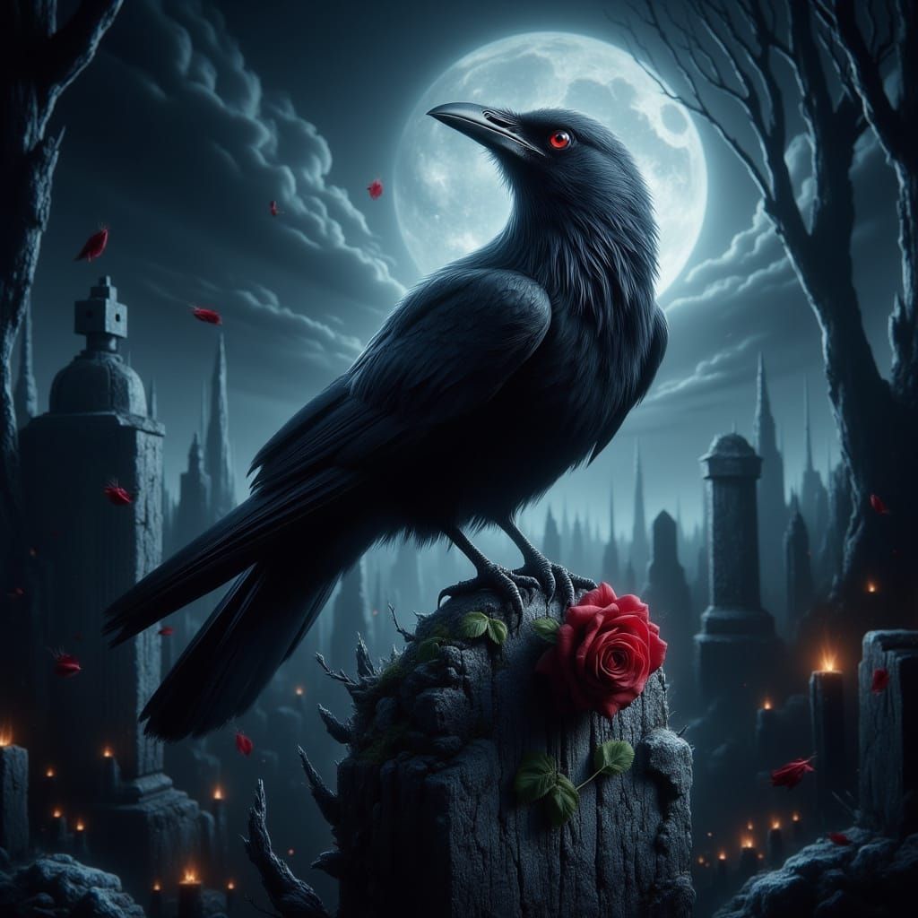 Gothic Crow With Rose on Gravestone in Moonlight