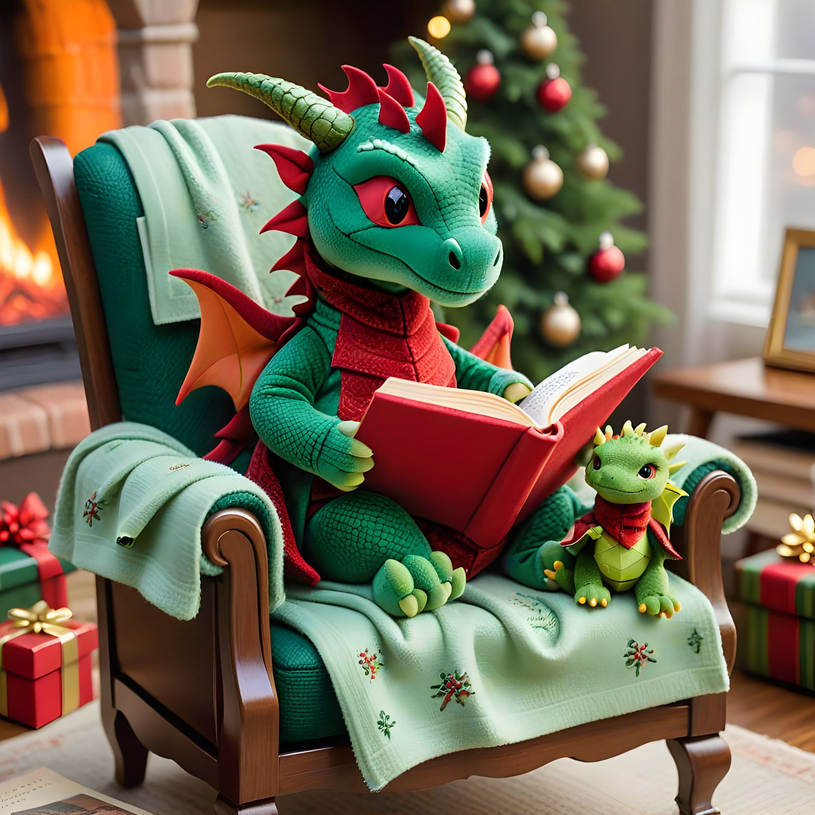 A Tiny Christmas Dragon Reads to a Young Dragon in a Cozy Li...