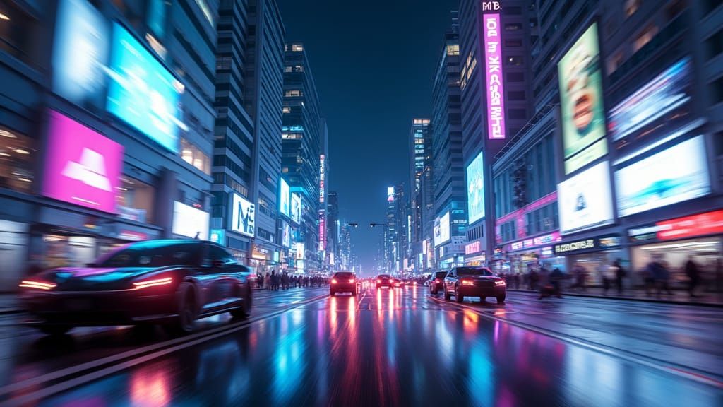 Cinematic Nighttime Cityscape in Cyberpunk Aesthetic