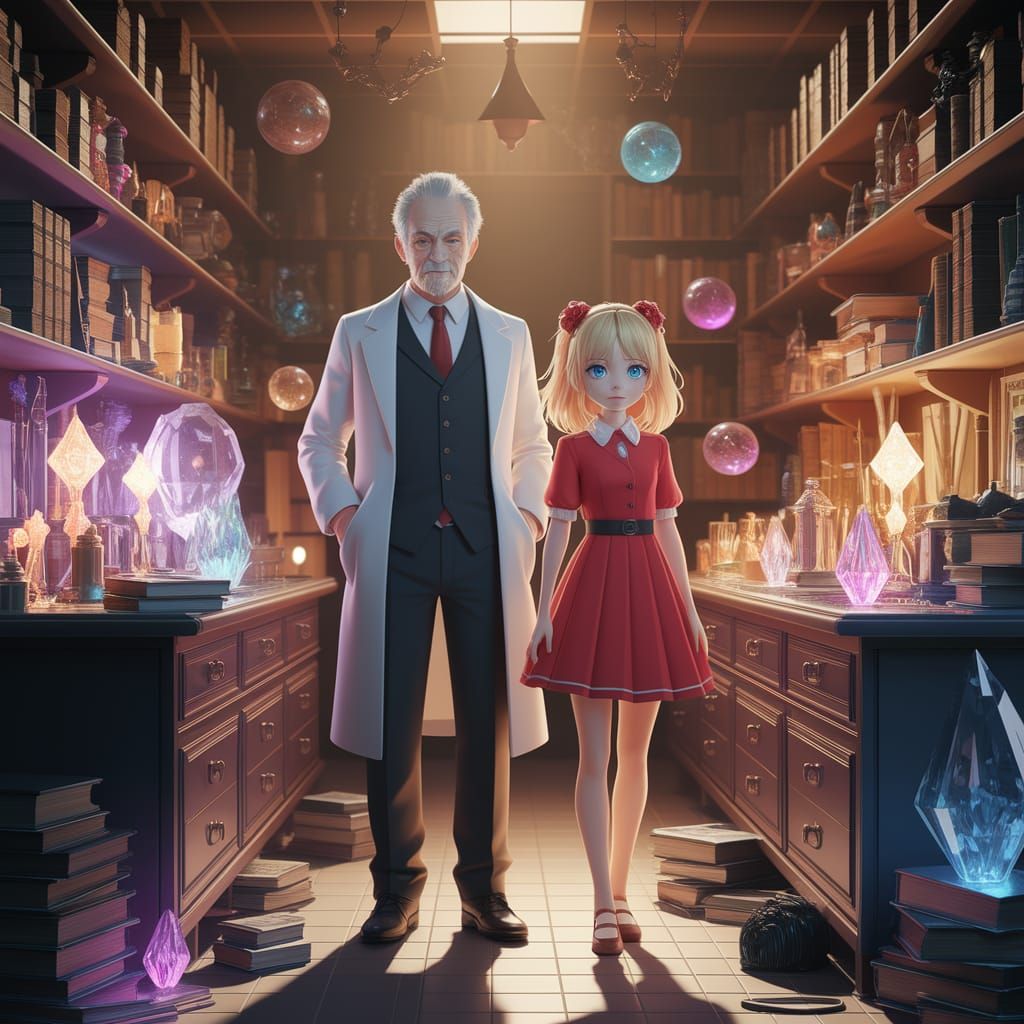 Mad Scientist and Teenage Apprentice in a Whimsical Laborato...