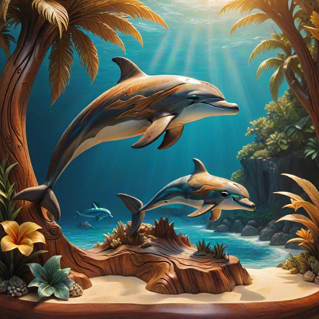 Hyperrealistic Wood Carving of Dolphin on Tropical Island