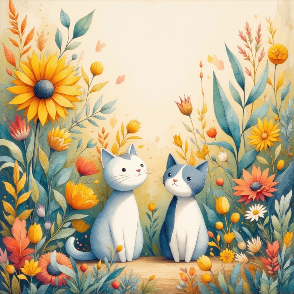 Cats in Sunny Garden: Abstract Watercolor Art
