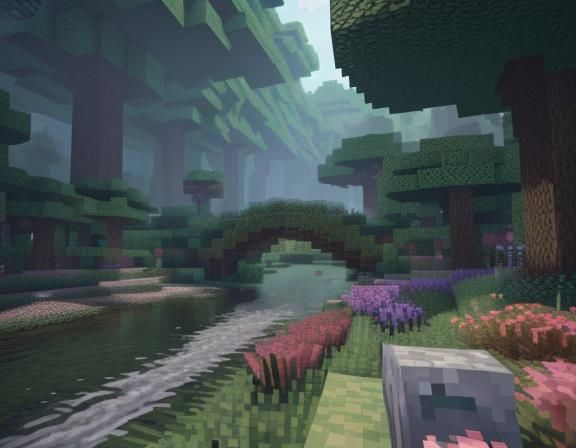 Minecraft, ultra shading, forest biome, Minecraft blocks, hyper-realistic Minecraft, river, flowers, daytime, rainy