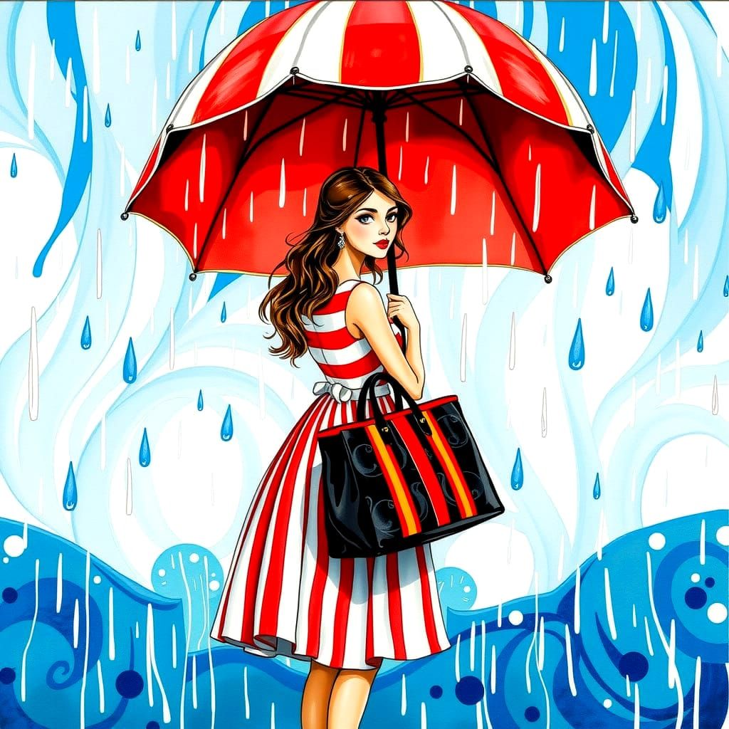 Vibrant Woman Stands Under Whimsical Rainbow Awning