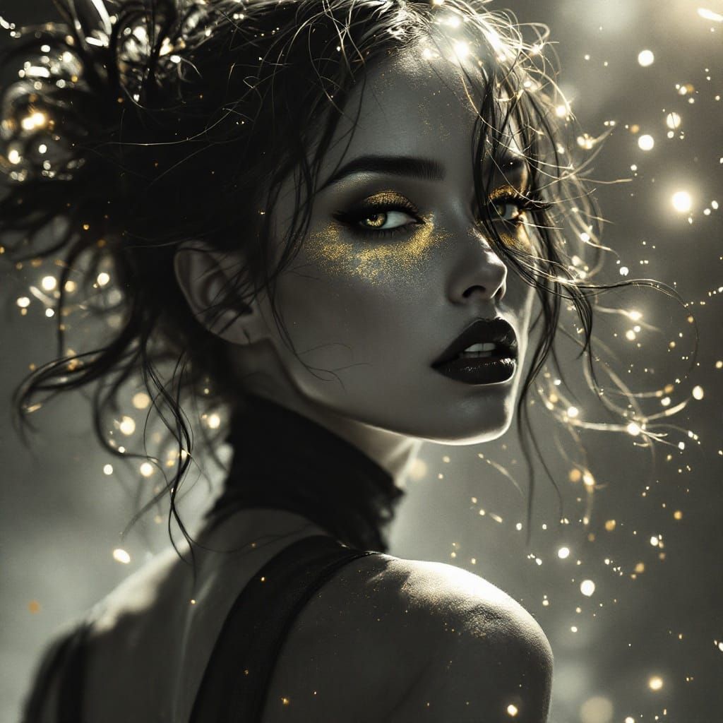 Hyperrealistic Grayscale Figure with Gold Accents