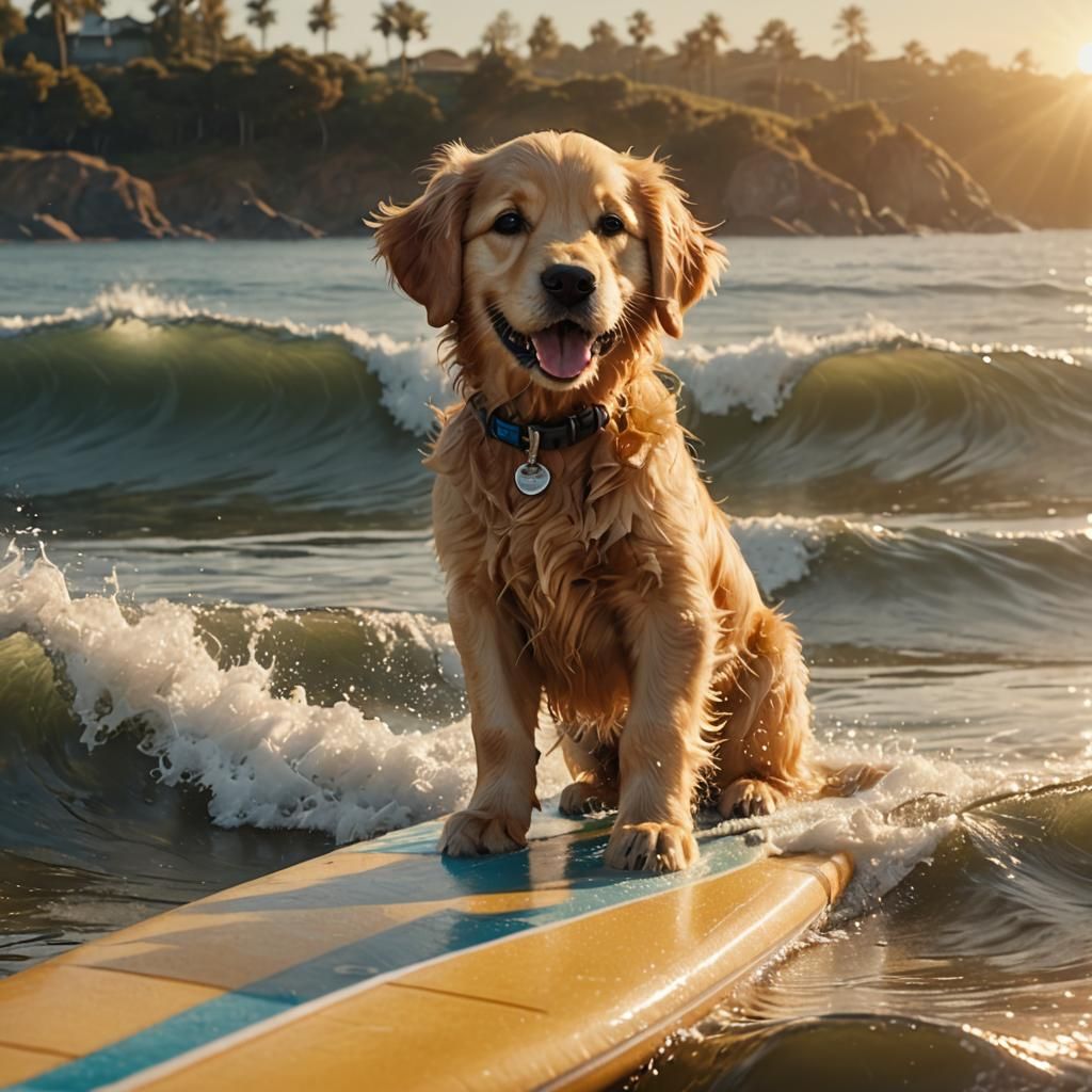 Golden Retriever Puppy Surfing at Sunset