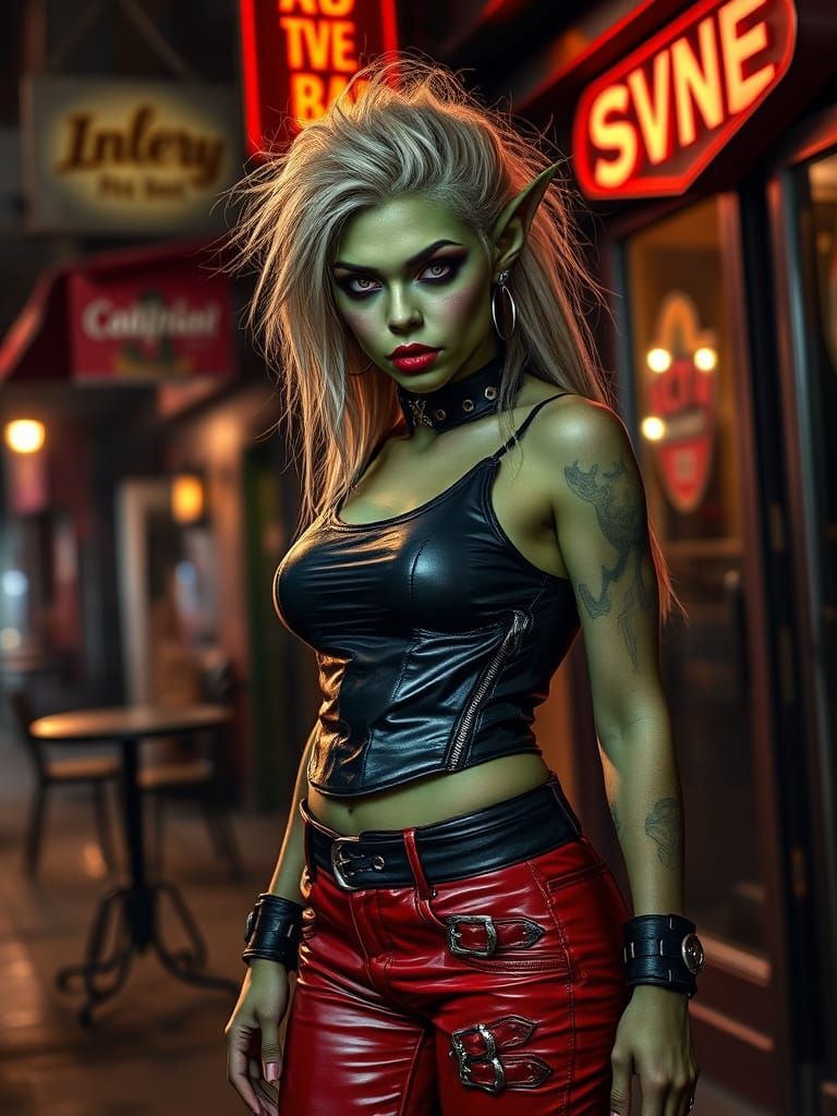 Dark Fantasy Orc Girl in Leather Attire Outside Gritty Bar