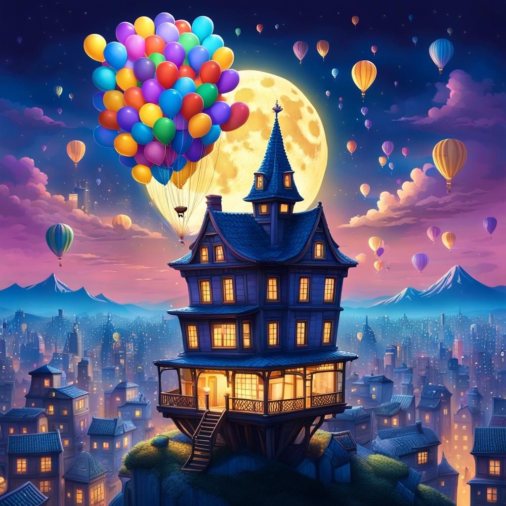 Magical House Flight Above City as Digital Art