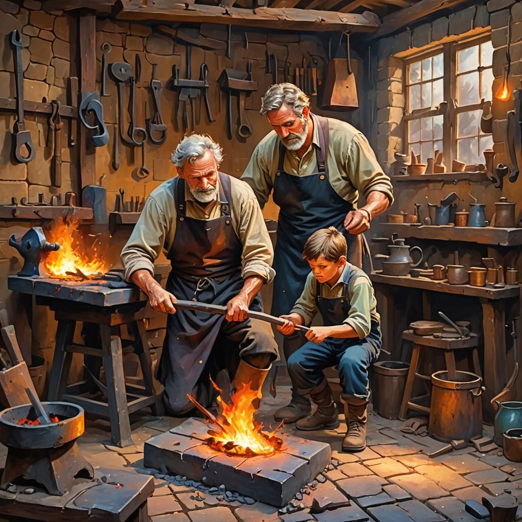 Blacksmith and Apprentice: Impasto Painting of Forging a Ham...
