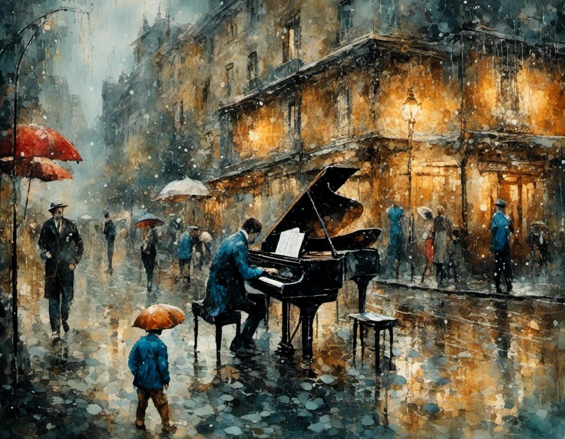 Banker's Rainy Piano Performance: Gouache Impressionist Pain...