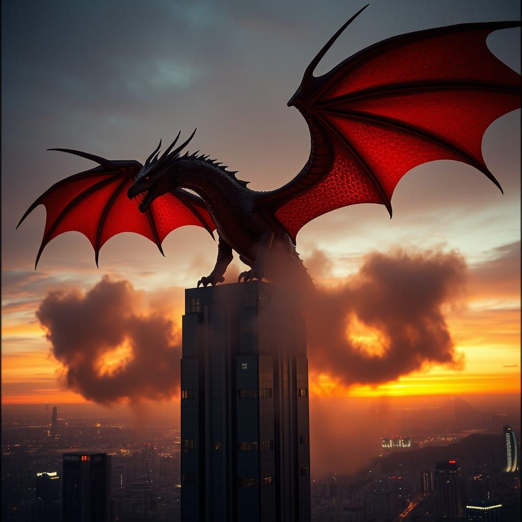 Red Dragon Soars Above Seoul's Skyscrapers in Cinematic Styl...