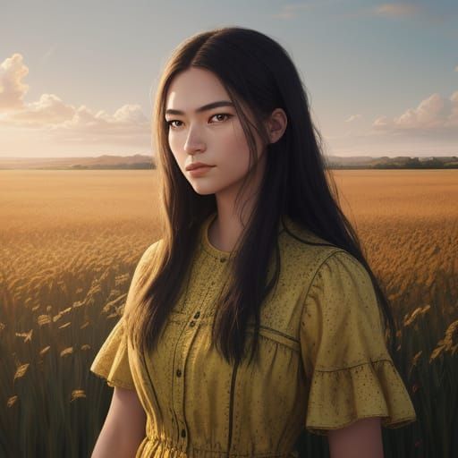 Young Girl in Sunlit Field as Oil Painting