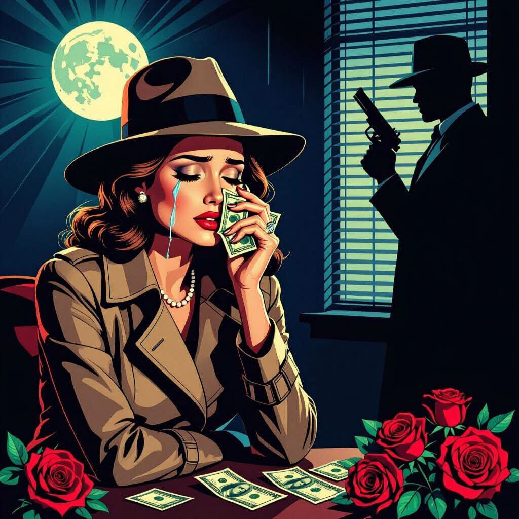 Crying Woman Wipes Tears with Money in Pop Art Style