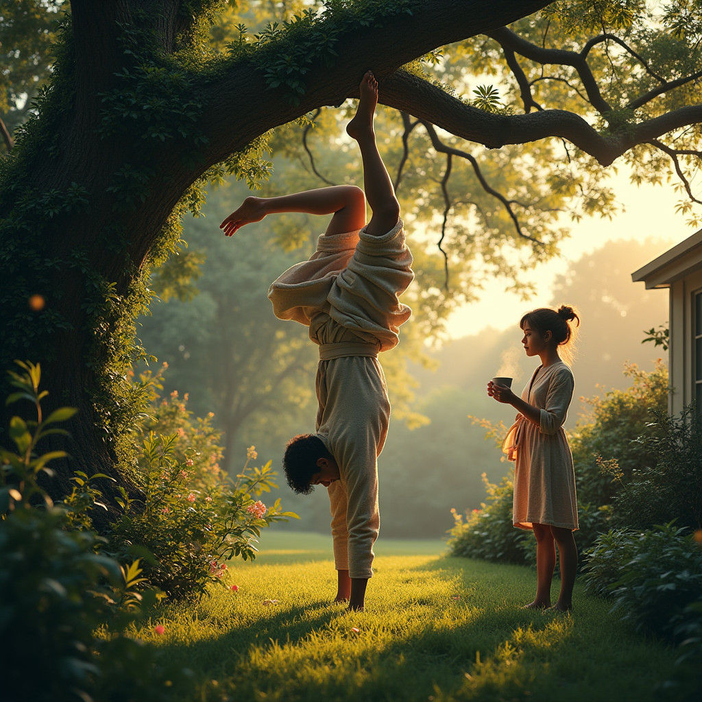Man in Bathrobe Doing Headstand in Garden