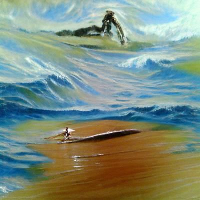Surfer Rides Wave: Oil Painting Style