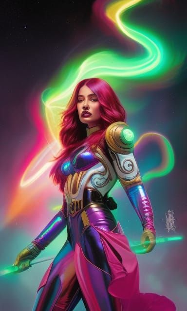 Iridescent Monster Girl Superheroine with Nebula Hair