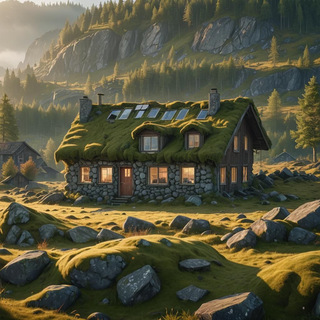 Crushed House in Norwegian Field: 3D Game Scenery