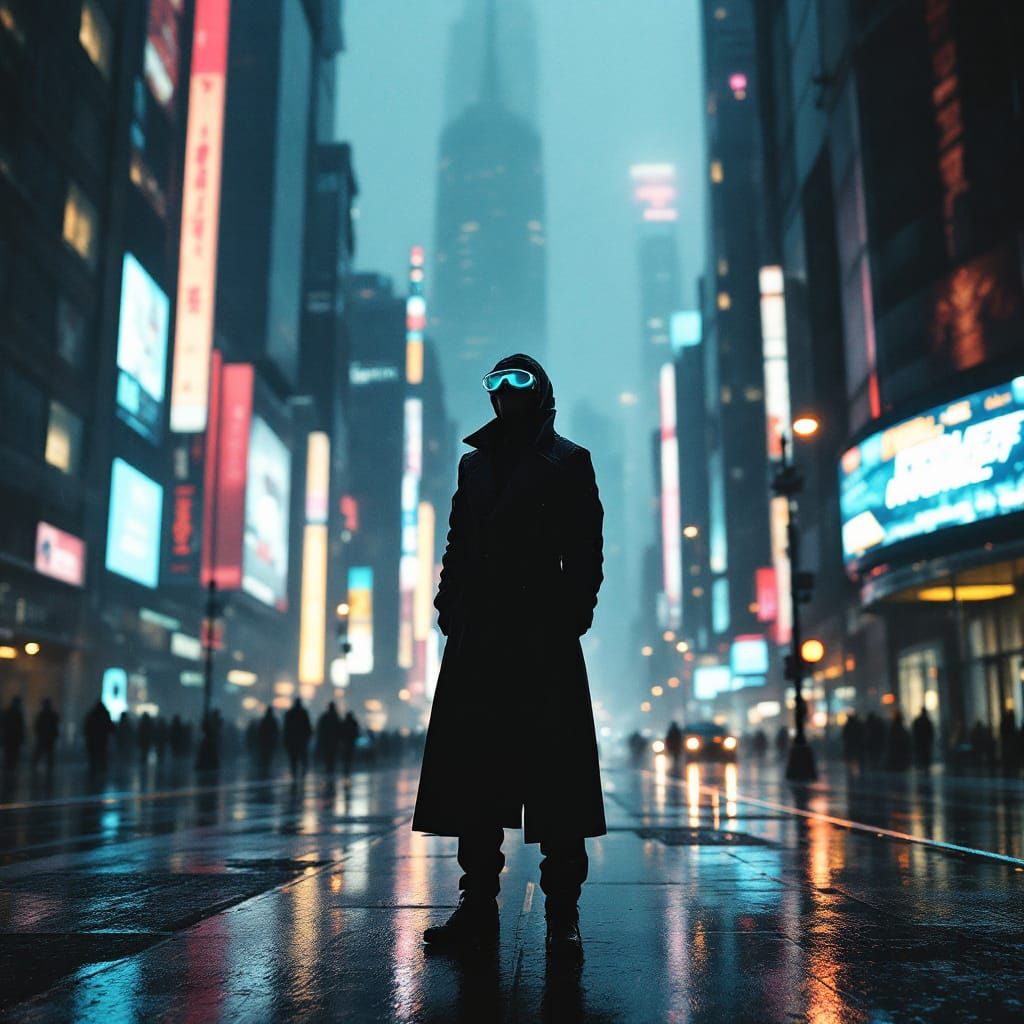 Cyberpunk Protagonist in Rainy Cityscape