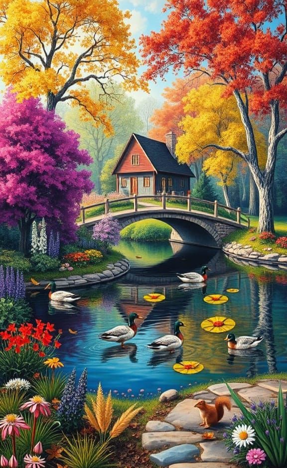 Surreal Landscape with Melting Bridge and Vibrant Vegetation...
