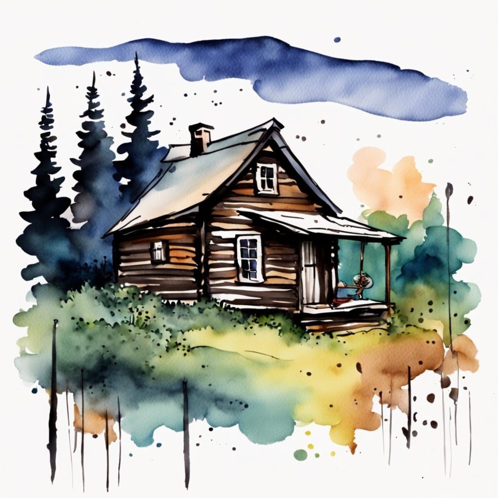 Rustic Cabin in Ink and Watercolor