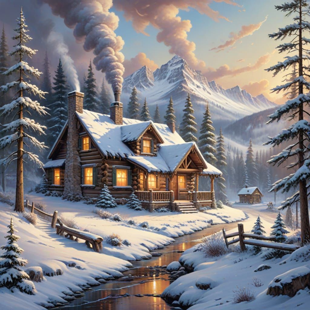 Cozy Mountain Cabin in Snowy Landscape