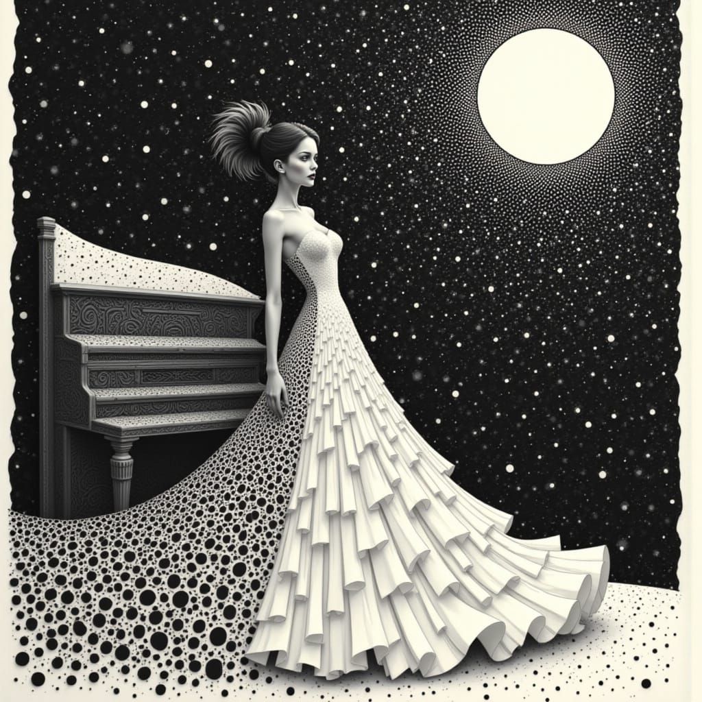 Elegant Voronoi Gown of Piano Keys, Art Deco Style