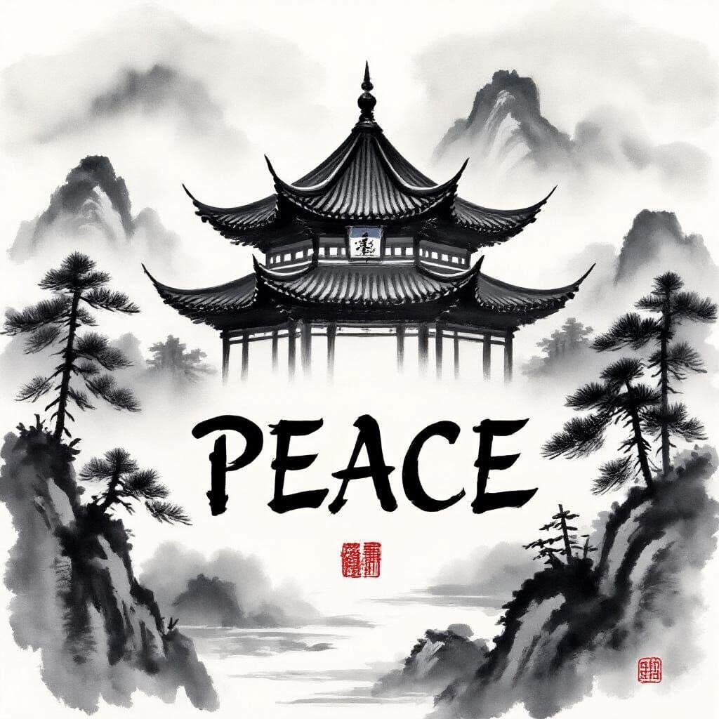 一幅傳統水墨畫風格的寺廟畫。藝術品上印有英文單字「PEACE」。這個字是用英文字母以漂亮的筆法畫出來的。這個詞塗得很美。...