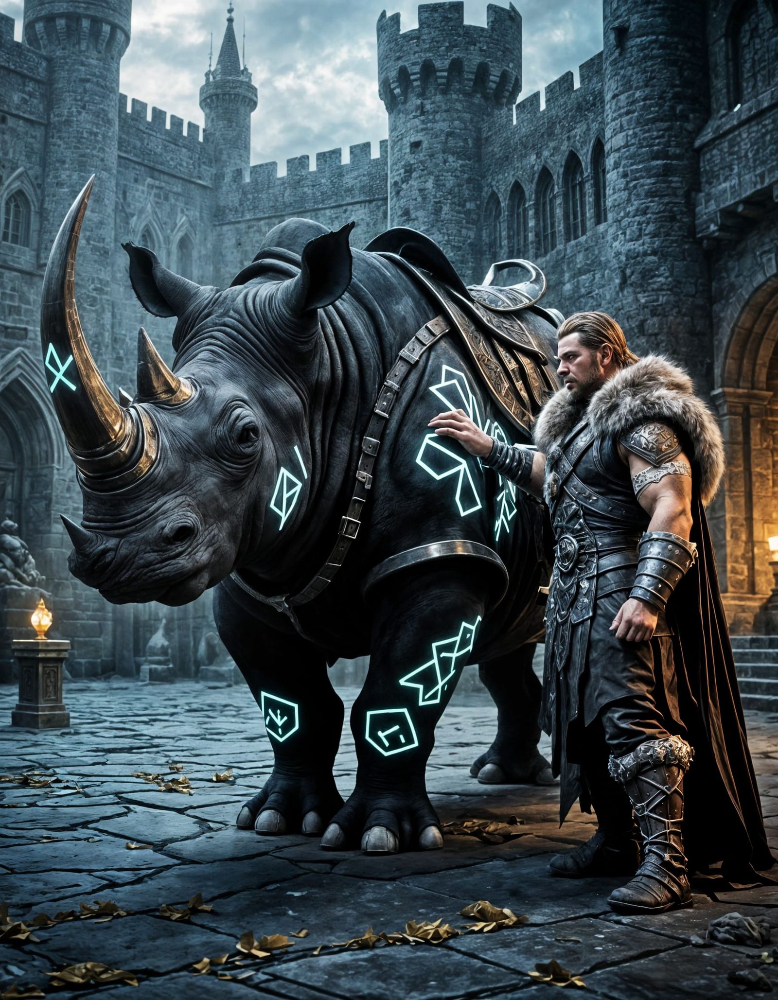 Viking Rider on Armored Rhino with Glowing Runes