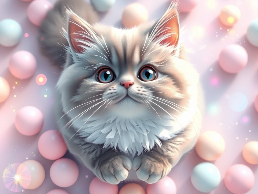 Magical Fluffy Cat Surrounded by Pastel Bubbles