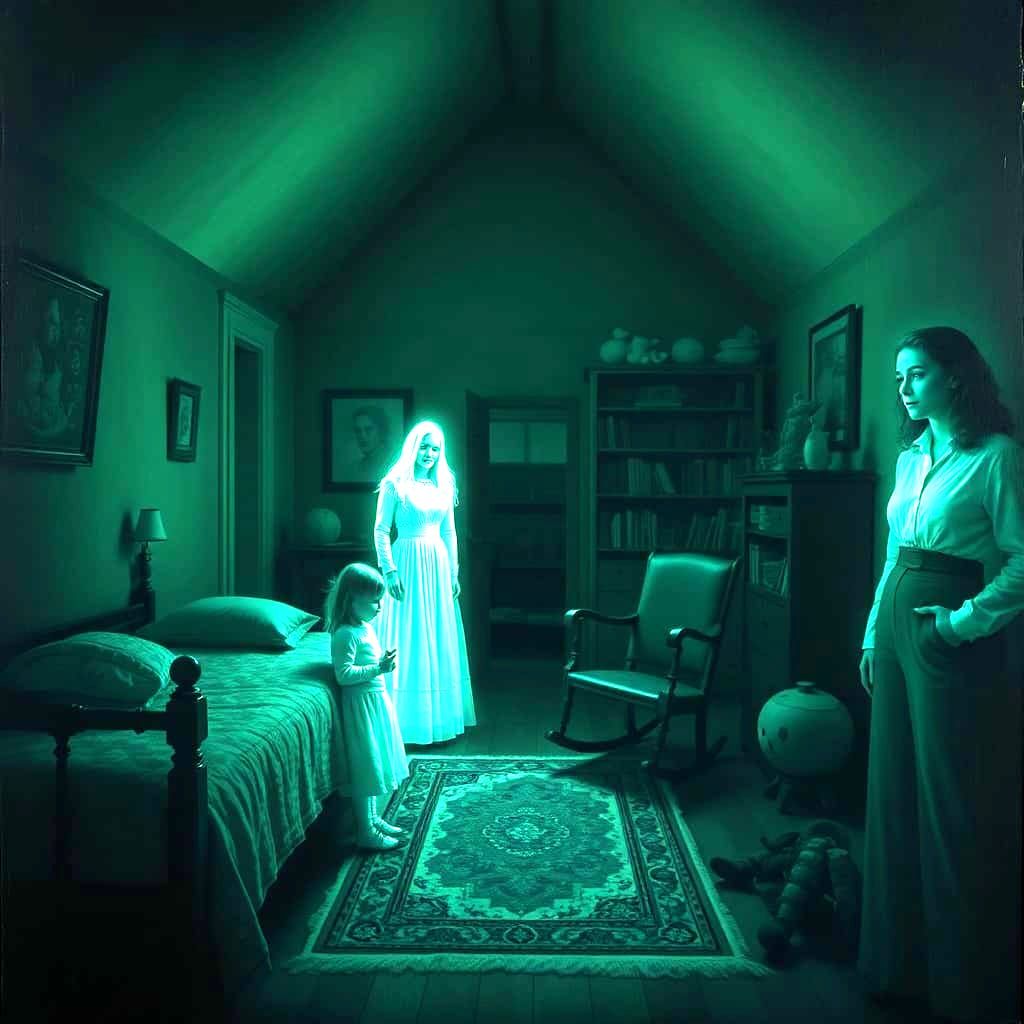 Haunted Nursery: Luminescent Figures in a Surreal Scene