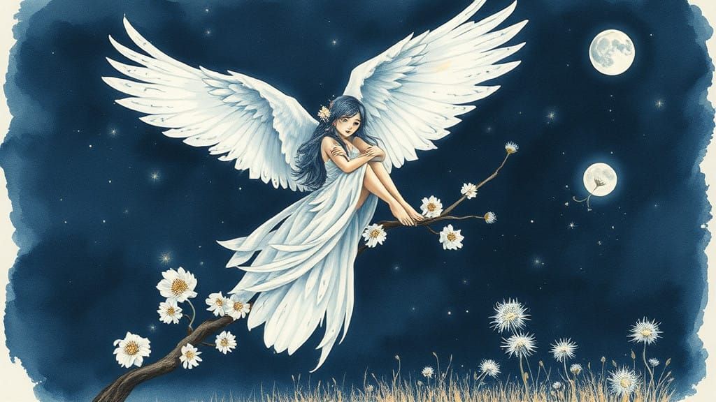 Whimsical Dark Blue Watercolor Fantasy Scene with Owl and Wo...