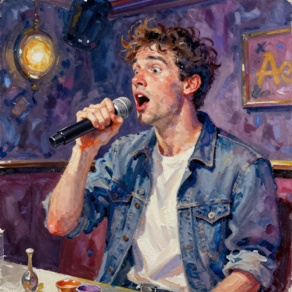 Surprised Man Singing Karaoke in Gouache Style