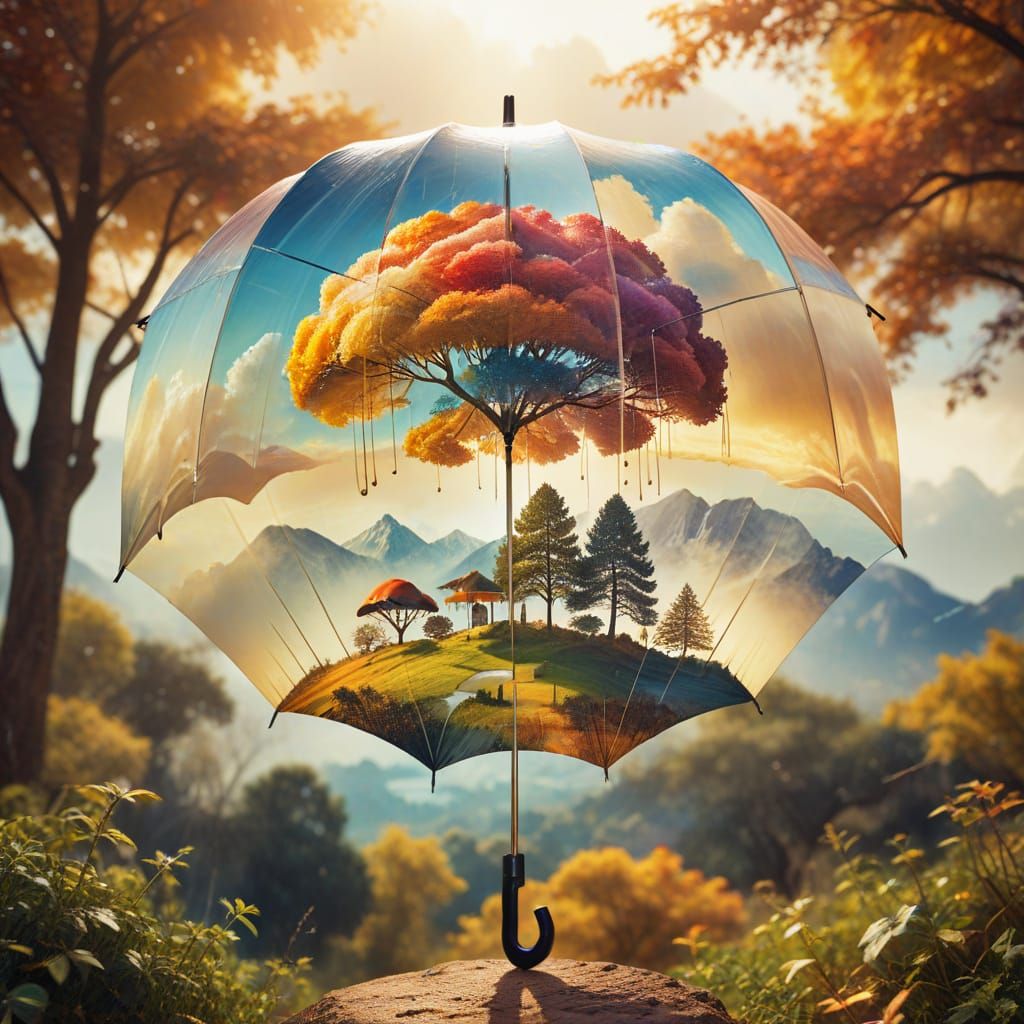 Surreal Landscape Umbrella in Dreamlike Double Exposure