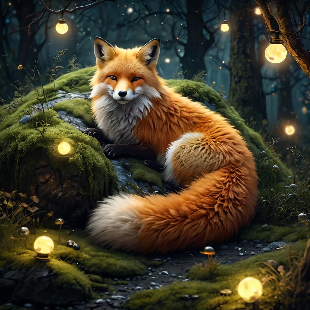 Fox Asleep Under Starry Night Sky