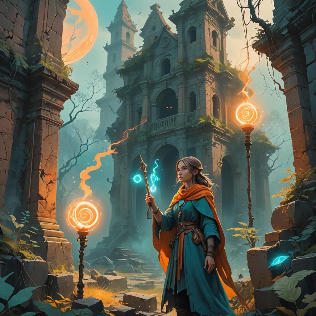 Young Sorceress Conjuring Magic in Ancient Ruins