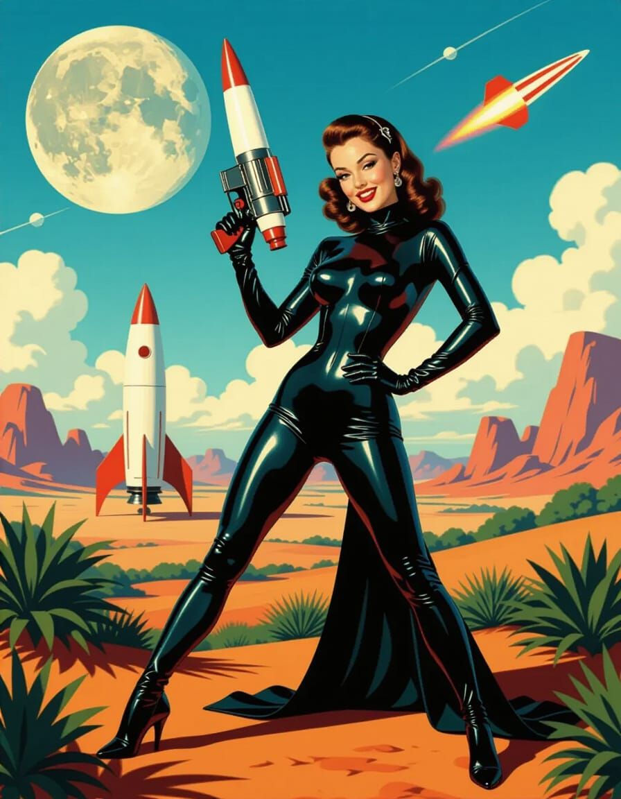 1950s Pin-Up Model with Retro Laser Gun on Alien Planet