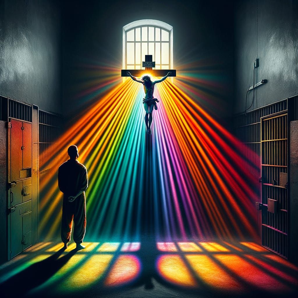 Prisoner's Spectral Crucifixion in Chiaroscuro Sunlight