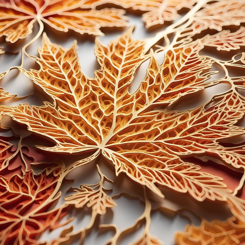 Ethereal Jianzhi Art: A Maple Leaf Cityscape in Vibrant Gold...