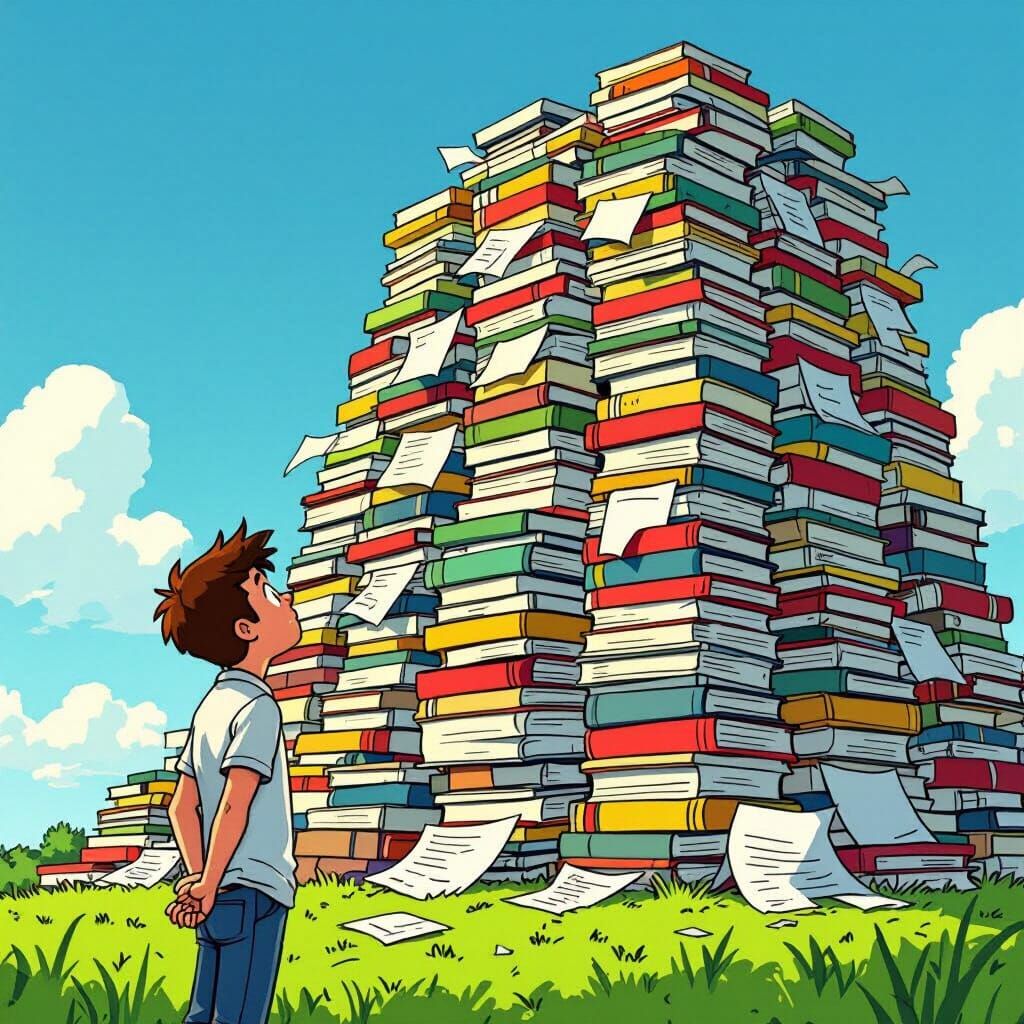 Man Overwhelmed by Giant Stack of Books in Cartoon Style