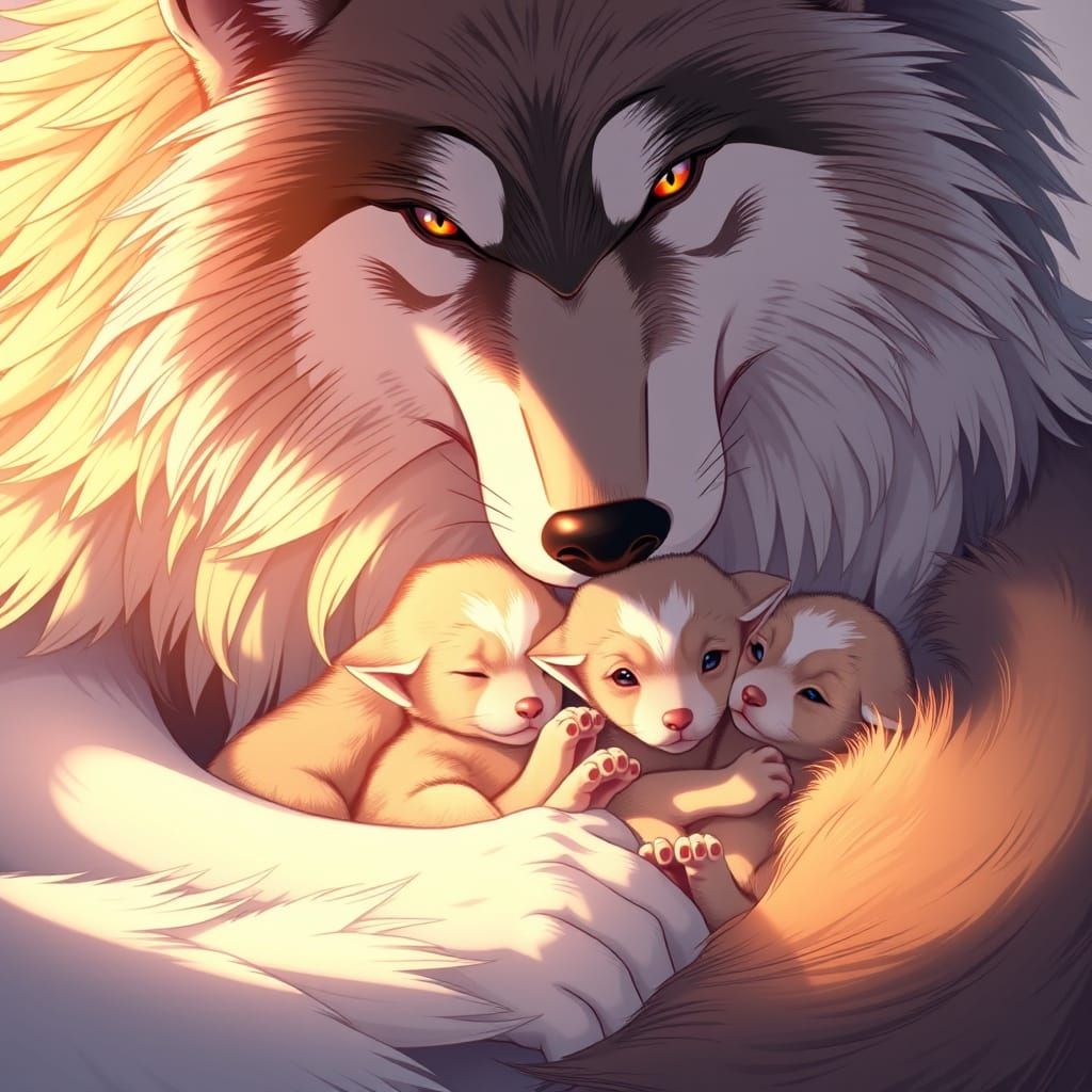 Majestic Canine Mother Cuddles Adorable Puppies in Anime-Ins...