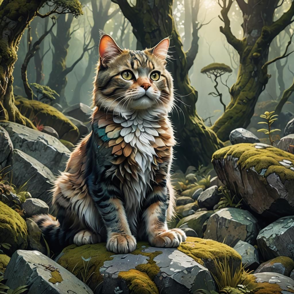 Mystical Stone Cat in Enchanted Forest