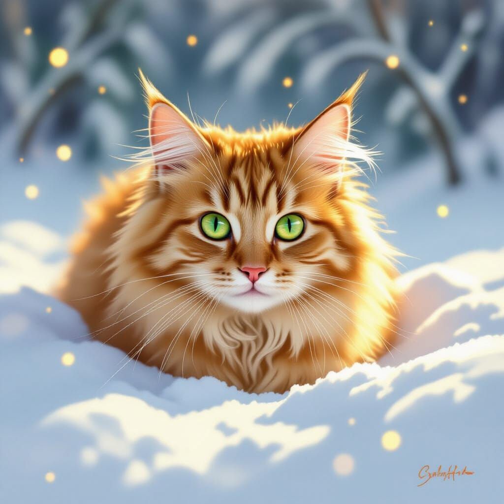 Fluffy Ginger Cat in Snowy Landscape with Glowing Lights
