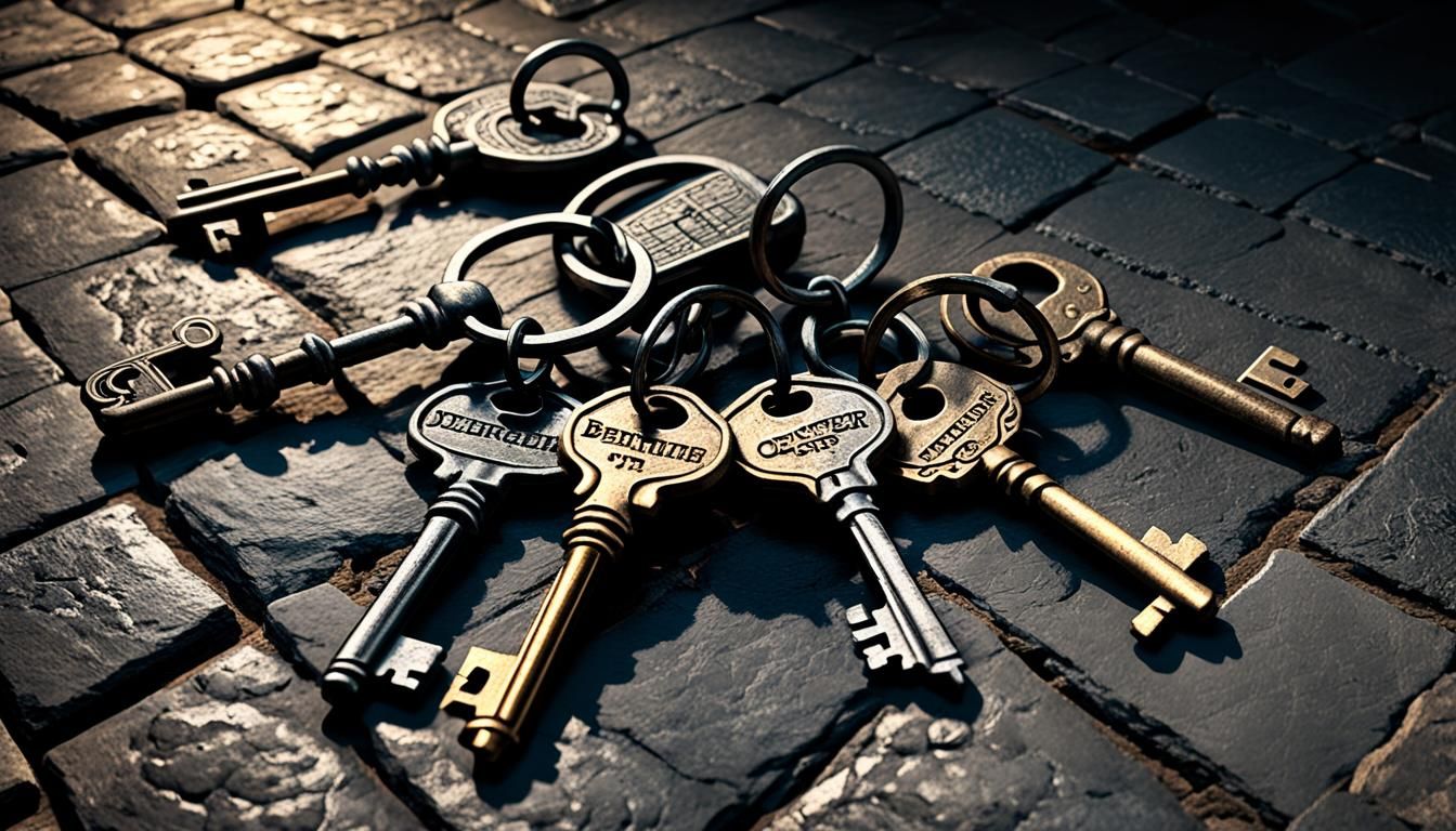 Medieval Dungeon Keys in Gothic Film Noir Style
