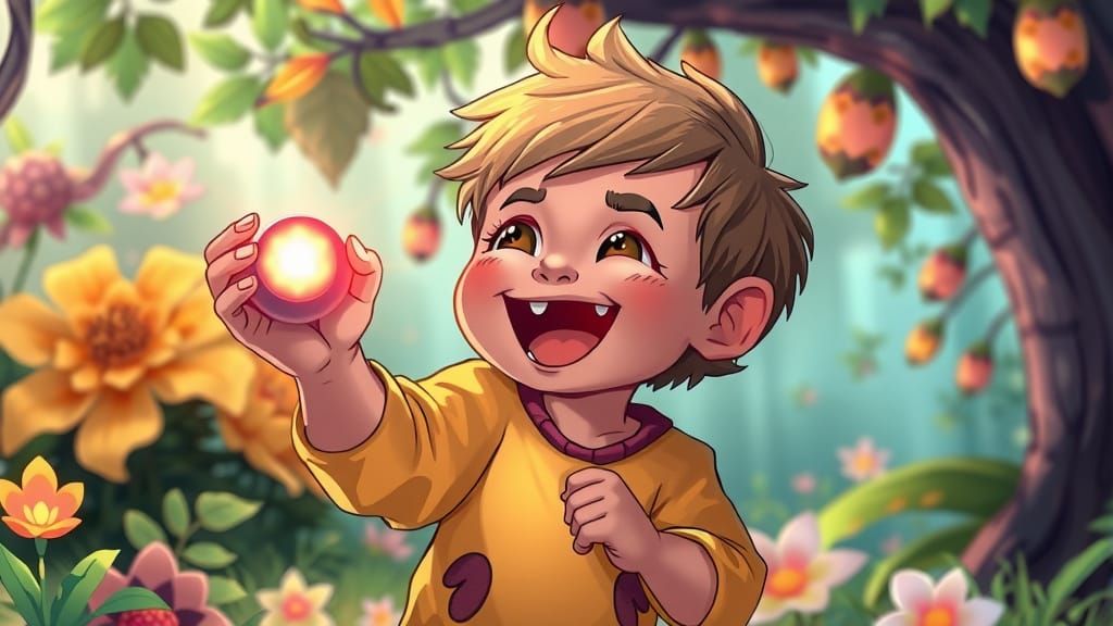 Delighted Child Receives Vibrant Toy in Whimsical Cartoon La...