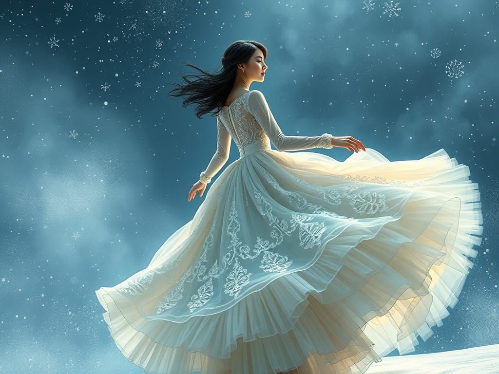 Woman in Ethereal Evening Gown, Twirling under Starry Night....