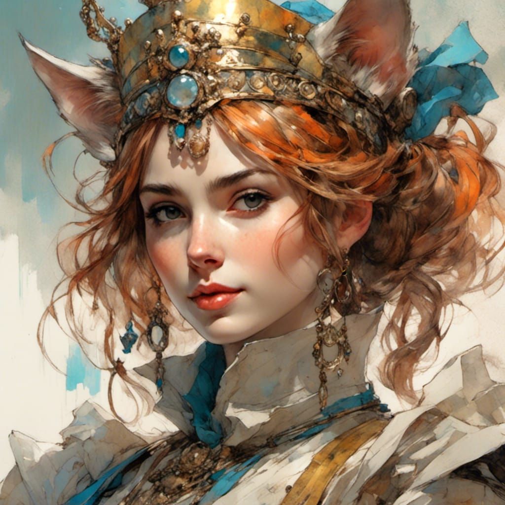 Girl with Crown and Cat: Hyperdetailed Portrait