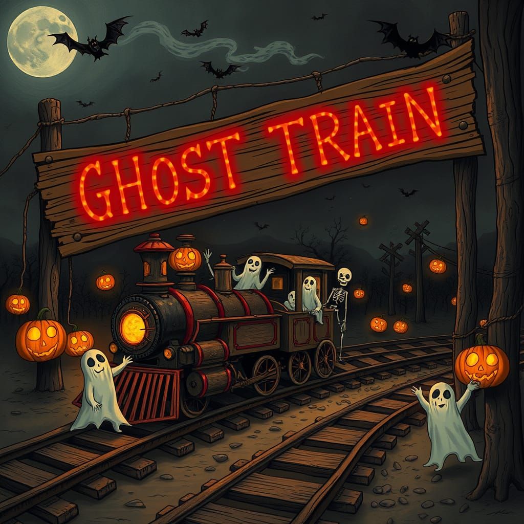 Spooky Small Train Chugs Through Haunted Fun Fair