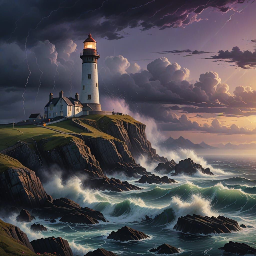 Scottish Lighthouse in Storm, Hyperrealistic Watercolour