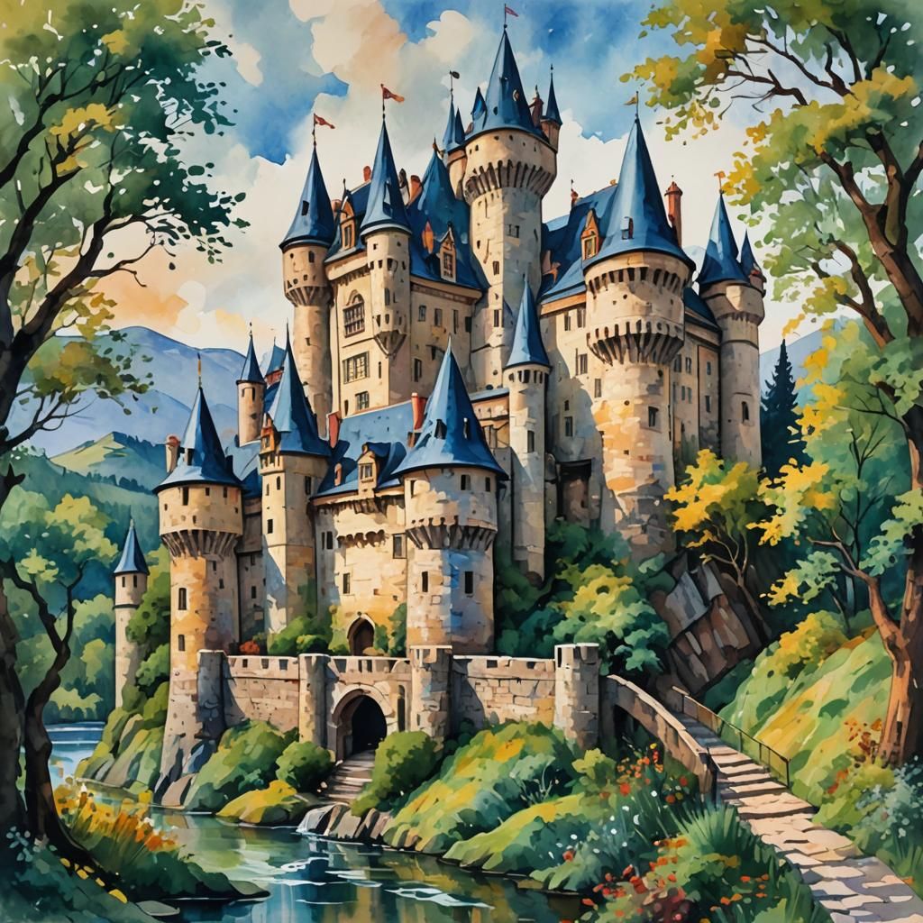 Castle Roogna in Gouache Style Watercolor