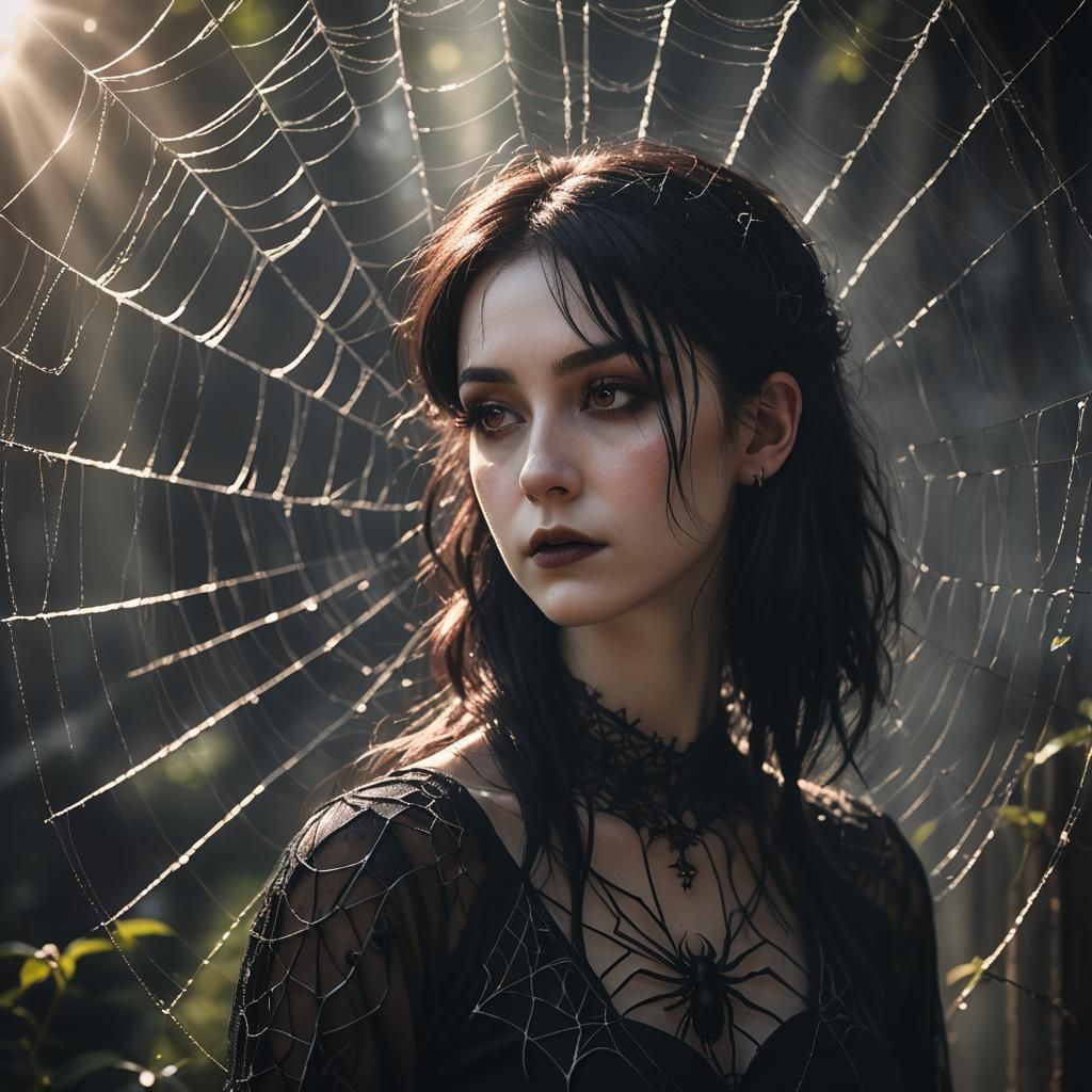 Gothic Girl and Spiderweb in Divine Light
